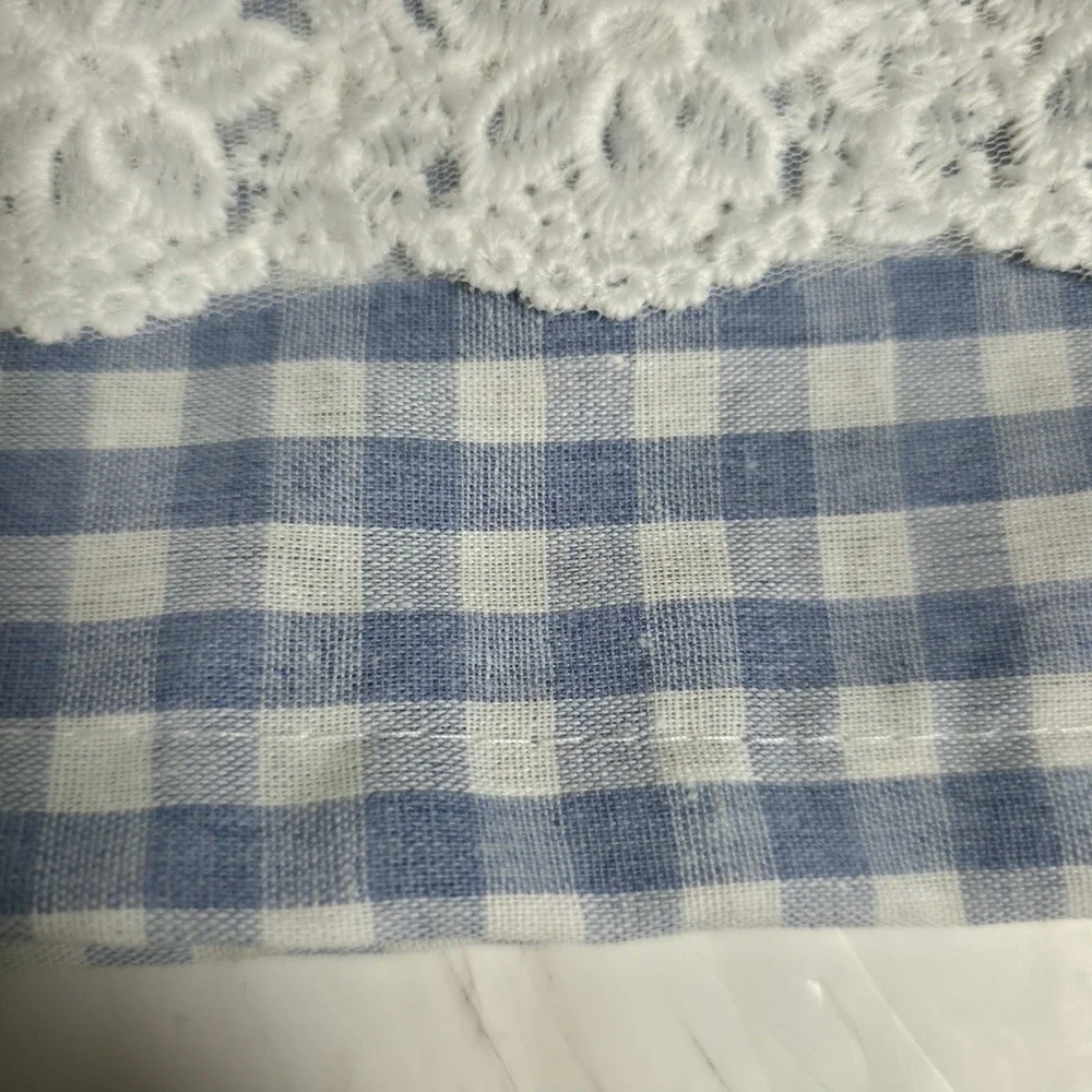 Blue White Gingham Check Cafe Curtain Floral Lace Farmhouse Kitchen Tier 42 X 17